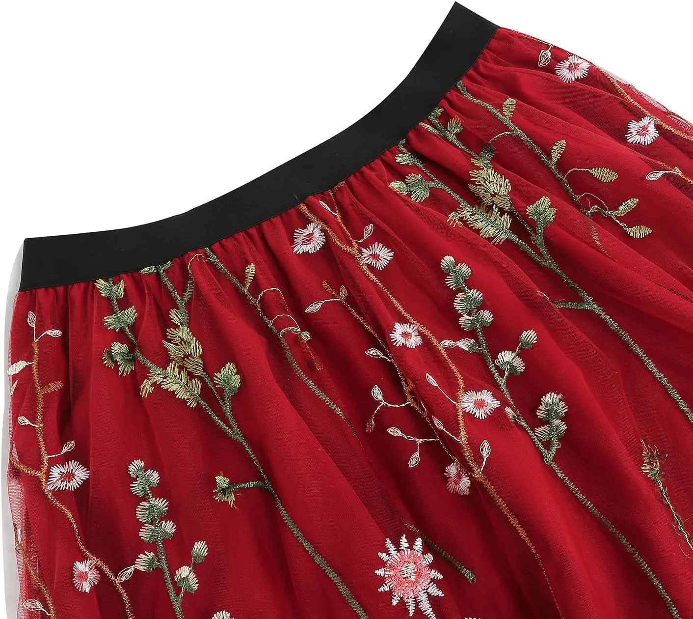 Women Vintage Floral Embroidered Tulle Midi Skirt 50s Party Elastic High Waist A-line Swing Skirts