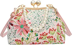 Women Vintage Flower Embroidery Handbag,Retro Pearl Chain Crossbody Bag,Chinese Style Lock Pearl Handle Evening Bag