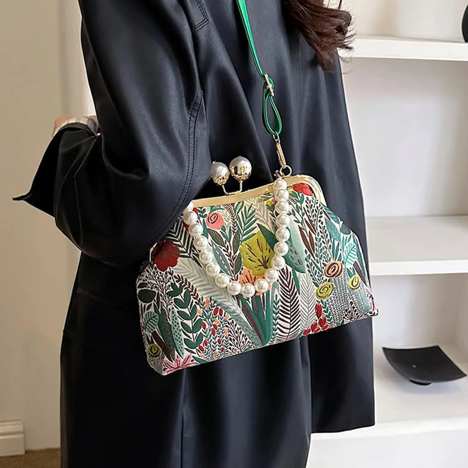 Women Vintage Flower Embroidery Handbag,Retro Pearl Chain Crossbody Bag,Chinese Style Lock Pearl Handle Evening Bag