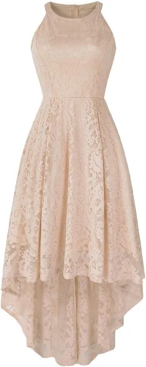 Women Vintage Halter Neck Floral Lace Hi-Lo Backless Bridesmaid Dress A-Line Short Prom Retro Cocktail Formal Swing Dress