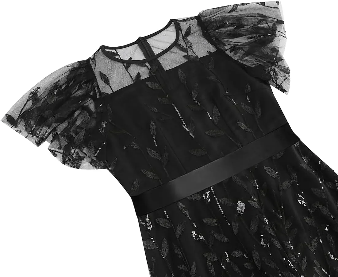 Women's 1950s Vintage Floral Embroidery Dress Short Sleeve Sequins Glitters Mesh Cocktail Homecoming Swing Dress