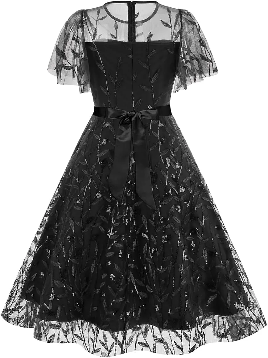Women's 1950s Vintage Floral Embroidery Dress Short Sleeve Sequins Glitters Mesh Cocktail Homecoming Swing Dress