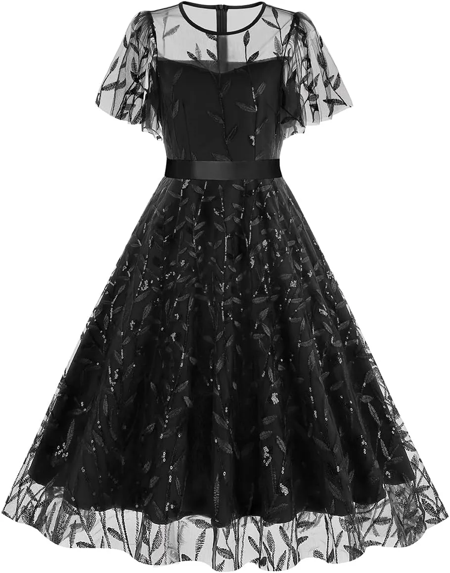 Women's 1950s Vintage Floral Embroidery Dress Short Sleeve Sequins Glitters Mesh Cocktail Homecoming Swing Dress