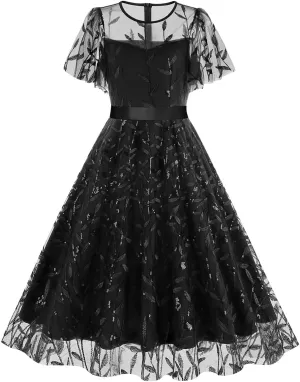 Women's 1950s Vintage Floral Embroidery Dress Short Sleeve Sequins Glitters Mesh Cocktail Homecoming Swing Dress