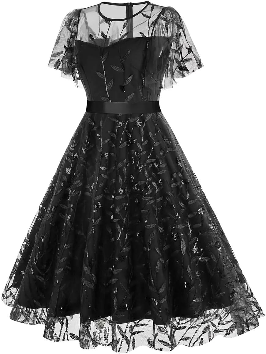 Women's 1950s Vintage Floral Embroidery Dress Short Sleeve Sequins Glitters Mesh Cocktail Homecoming Swing Dress