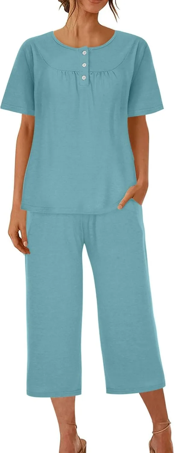 Womens 2 Piece Summer Pajamas Set Short Sleeve Henley Neck Sleepwear Soft Comfy Pjs Sets Top With Capri Pants