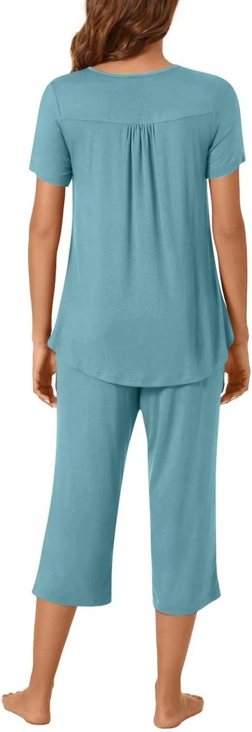 Womens 2 Piece Summer Pajamas Set Short Sleeve Henley Neck Sleepwear Soft Comfy Pjs Sets Top With Capri Pants