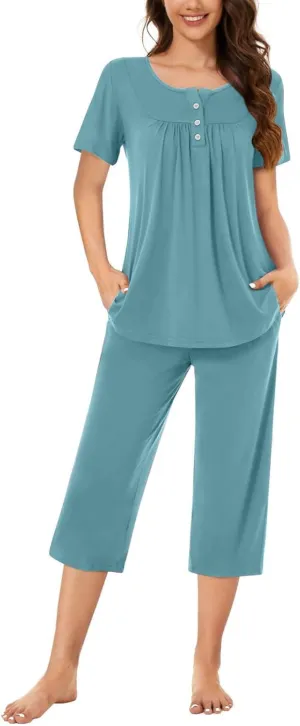 Womens 2 Piece Summer Pajamas Set Short Sleeve Henley Neck Sleepwear Soft Comfy Pjs Sets Top With Capri Pants
