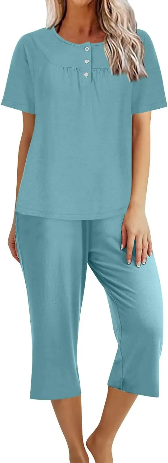 Womens 2 Piece Summer Pajamas Set Short Sleeve Henley Neck Sleepwear Soft Comfy Pjs Sets Top With Capri Pants