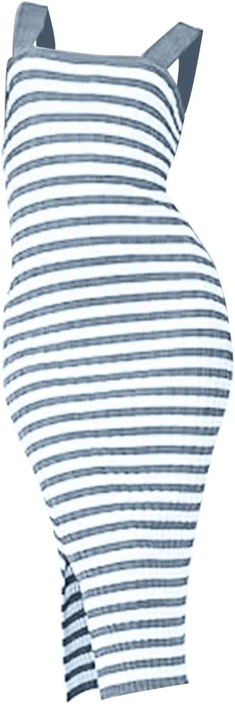 Women's 2025 Summer Spring Bodycon Midi Dress Vacation Sleeveless Ribbed Knit Striped Party Sweater Dresses