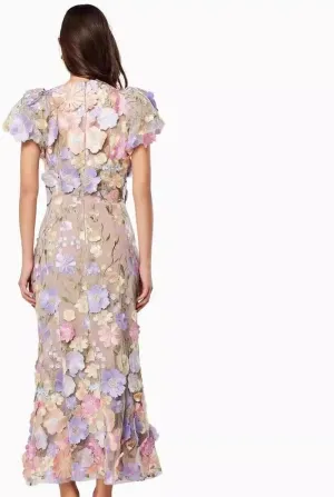 Women's 3D Floral Embroidery Dress 2025 Bodycon Ruffle Sleeve Fishtail Lace Cocktail Party Mixi Dresses