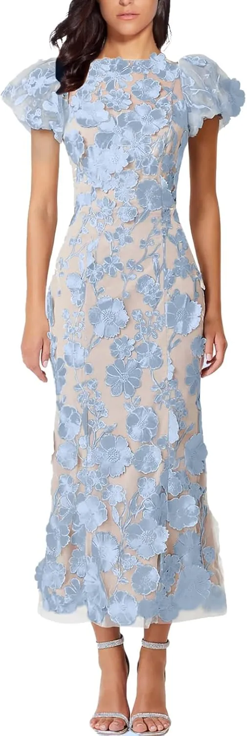 Women's 3D Floral Embroidery Dress Ruffle Sleeve Fishtail Lace Bodycon Party Cocktail Mixi Dress