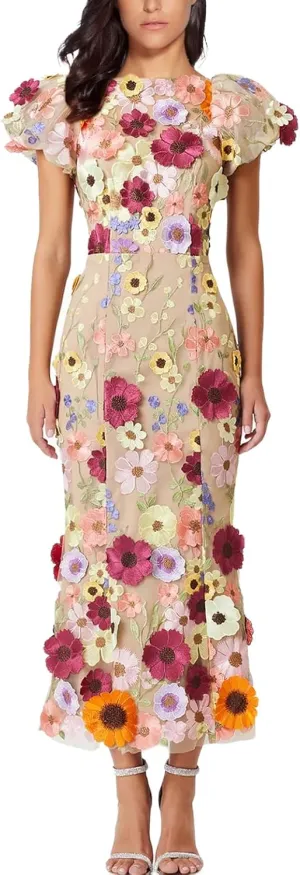 Women's 3D Floral Embroidery Dress Ruffle Sleeve Fishtail Lace Bodycon Party Cocktail Mixi Dress