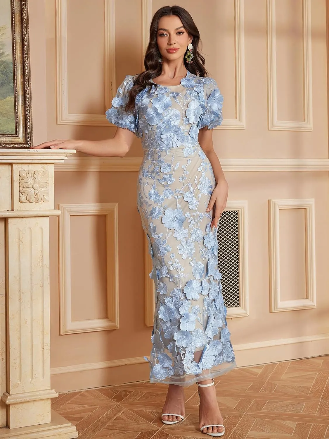 Women's 3D Floral Embroidery Dress Ruffle Sleeve Fishtail Lace Bodycon Party Cocktail Mixi Dress
