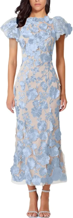 Women's 3D Floral Embroidery Dress Ruffle Sleeve Fishtail Lace Bodycon Party Cocktail Mixi Dress