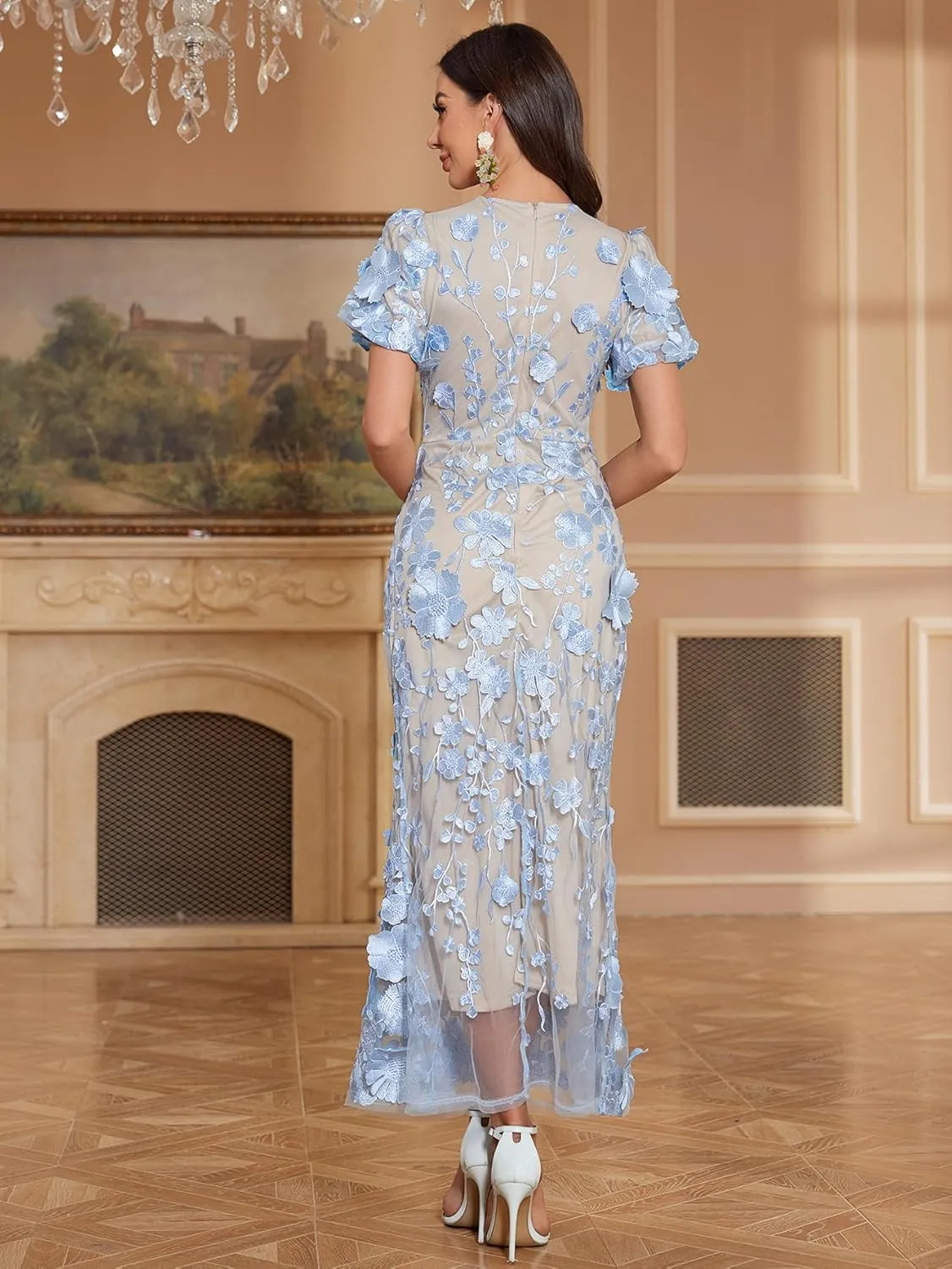 Women's 3D Floral Embroidery Dress Ruffle Sleeve Fishtail Lace Bodycon Party Cocktail Mixi Dress