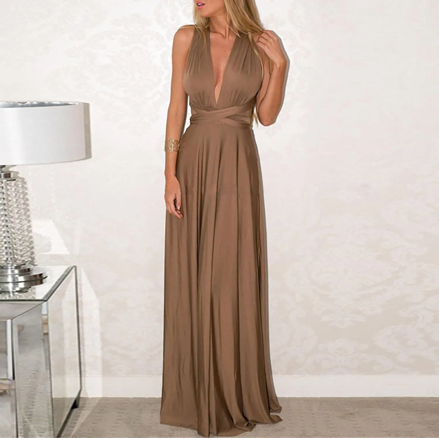 Women's Backless Gown Dress Convertible Multi-Way Wrap Halter Cocktail Dress Bandage Bridesmaid Long Dresses