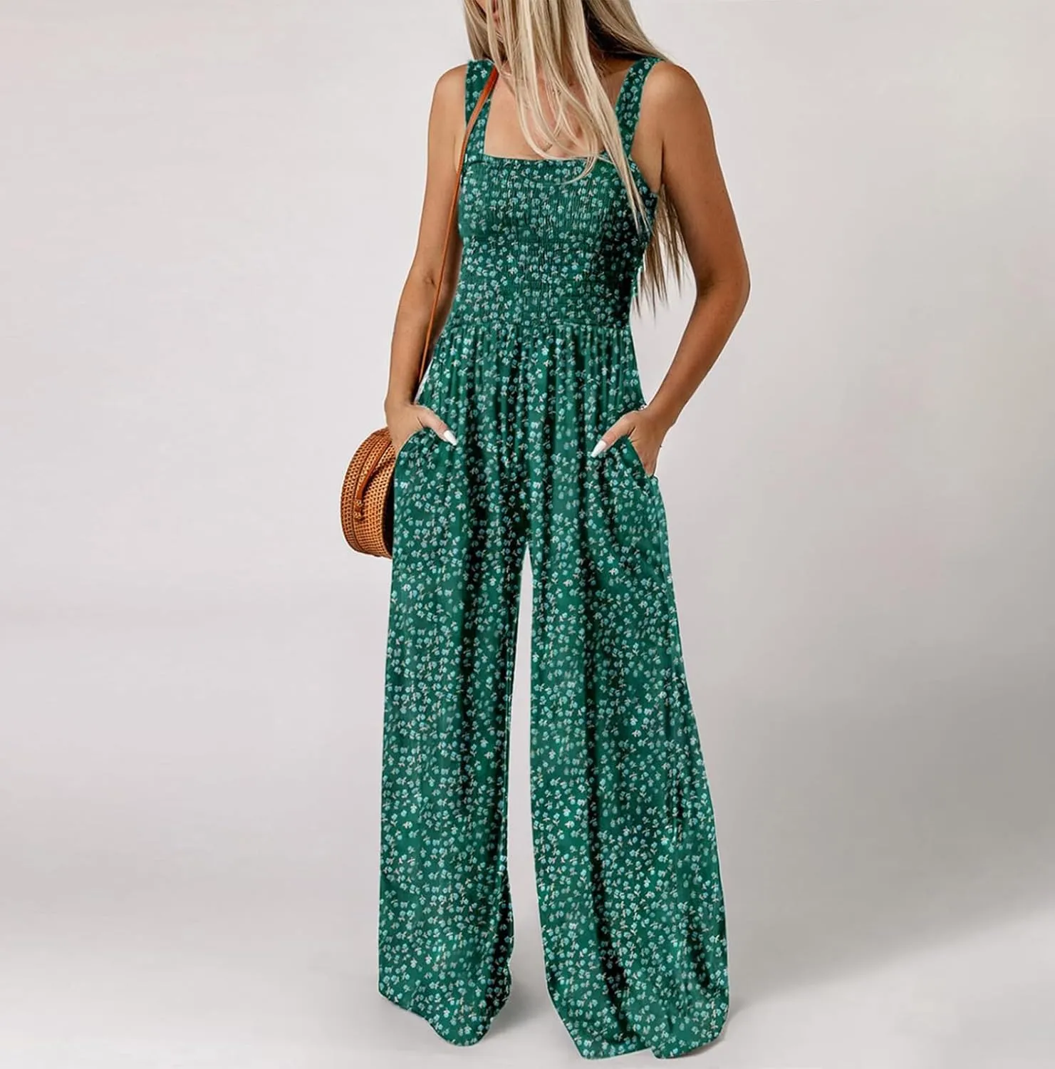 Womens Boho Overalls Casual Floral Print Sleeveless Jumpsuit High Waist Wide Leg Long Pants Romper with Pockets