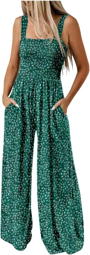 Womens Boho Overalls Casual Floral Print Sleeveless Jumpsuit High Waist Wide Leg Long Pants Romper with Pockets