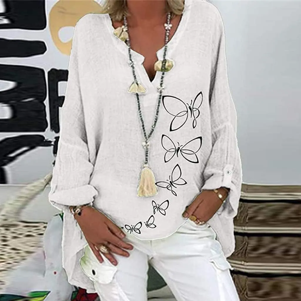 Women's Casual Linen Cotton Tops Vintage 3/4 Sleeve Long Sleeve Plus Size Peplum Loose Fit Western Shirt Oversized