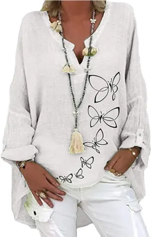 Women's Casual Linen Cotton Tops Vintage 3/4 Sleeve Long Sleeve Plus Size Peplum Loose Fit Western Shirt Oversized