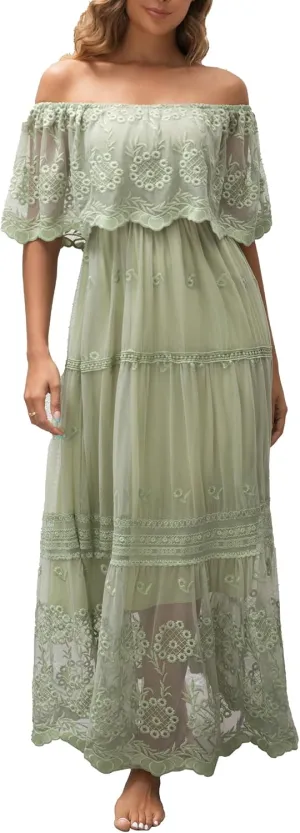 Women's Casual Off Shoulder Lace Maxi Dress Boho White Bridesmaid Wedding Evening Party Dresses