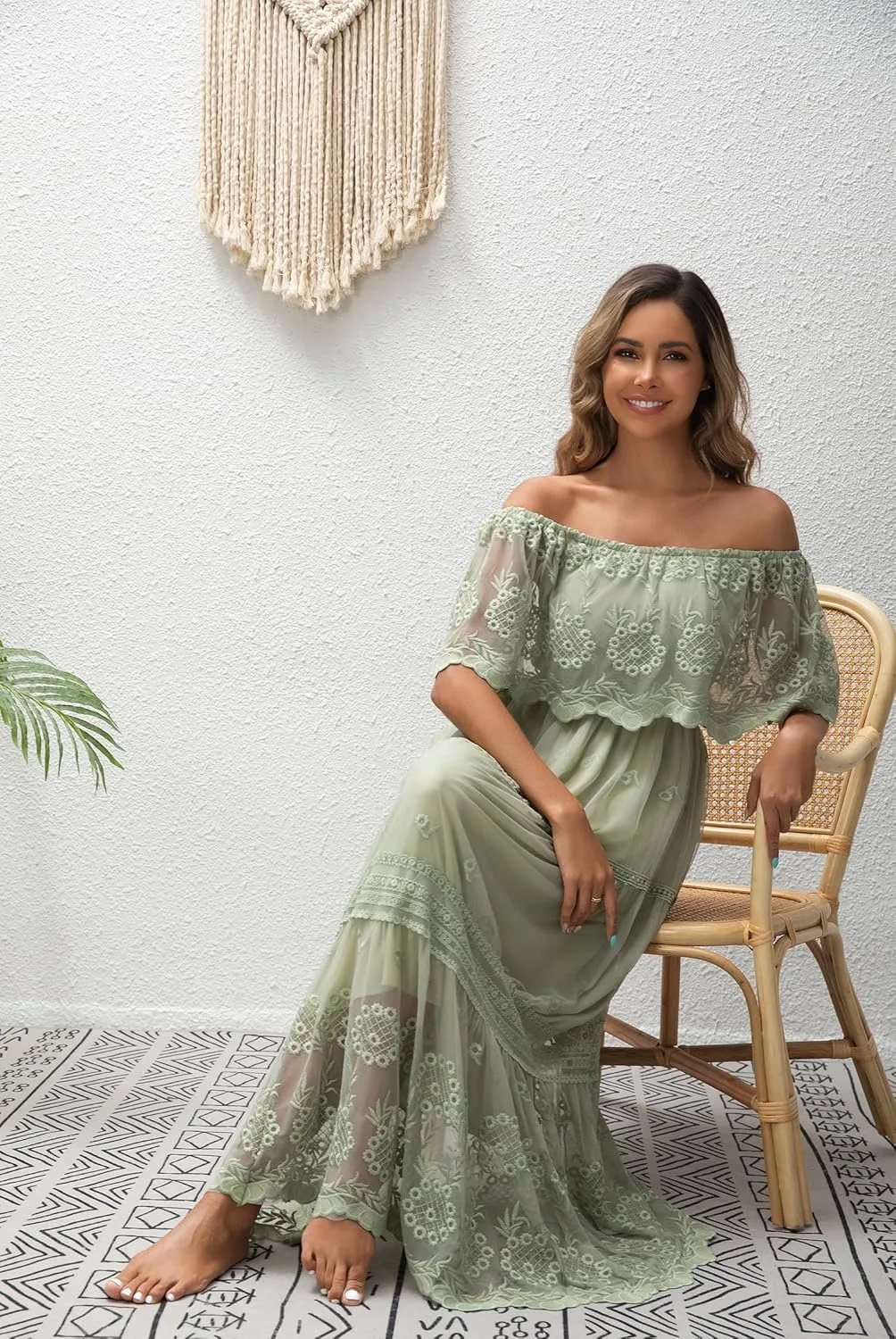 Women's Casual Off Shoulder Lace Maxi Dress Boho White Bridesmaid Wedding Evening Party Dresses
