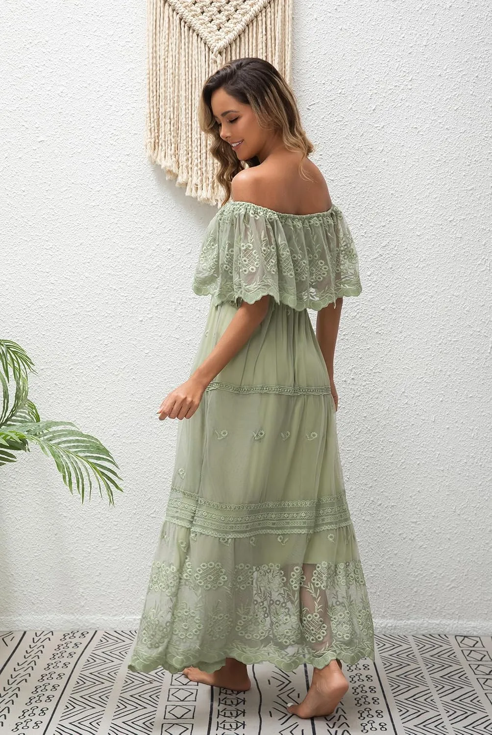 Women's Casual Off Shoulder Lace Maxi Dress Boho White Bridesmaid Wedding Evening Party Dresses