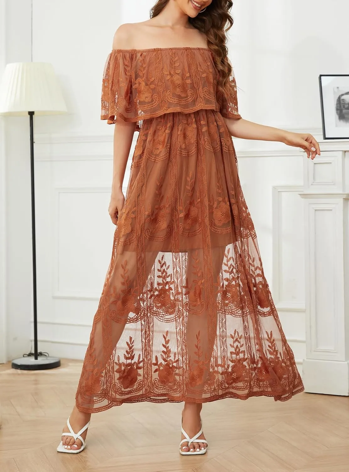 Women's Casual Off Shoulder Lace Maxi Dress Boho White Bridesmaid Wedding Evening Party Dresses