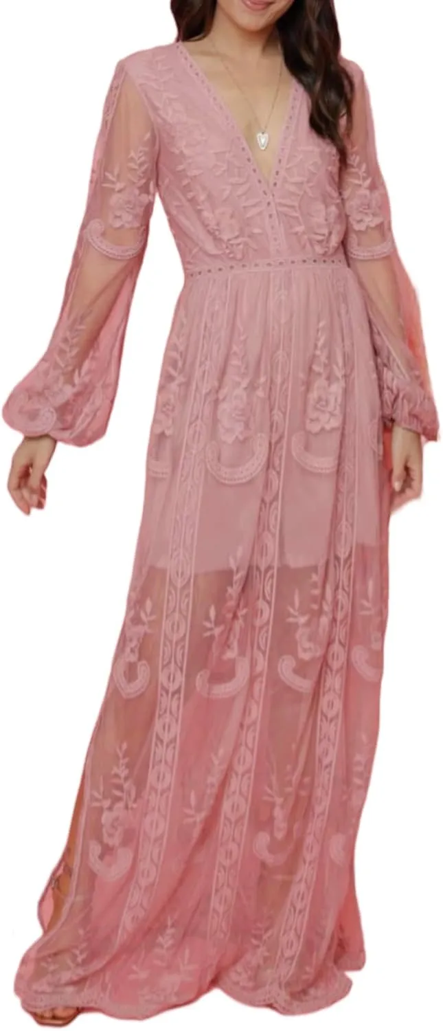 Women's Casual Off Shoulder Lace Maxi Dress Boho White Bridesmaid Wedding Evening Party Dresses
