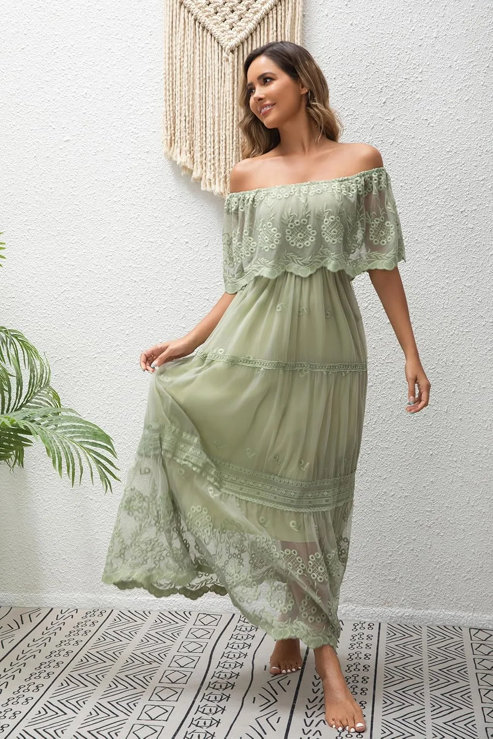 Women's Casual Off Shoulder Lace Maxi Dress Boho White Bridesmaid Wedding Evening Party Dresses