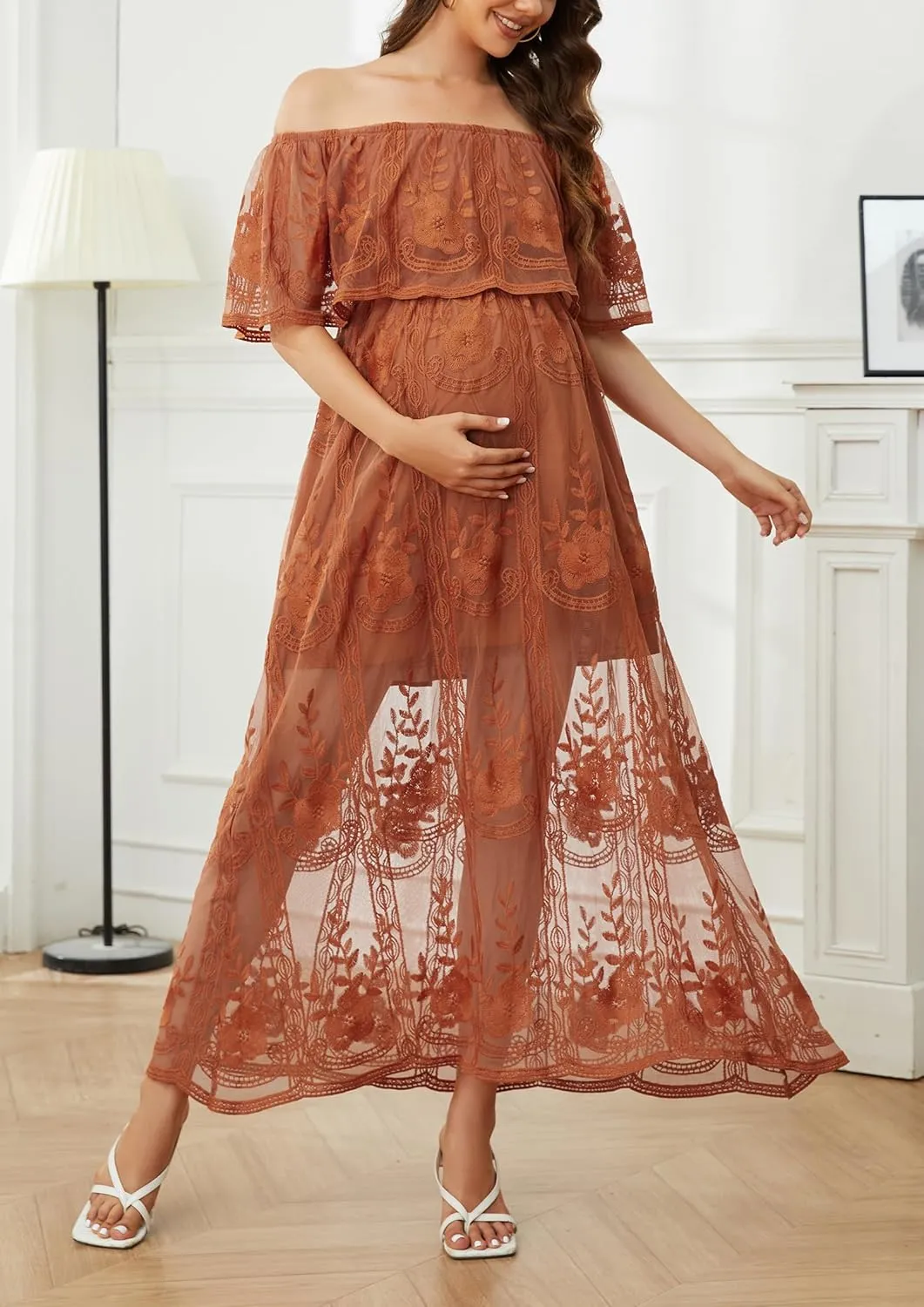 Women's Casual Off Shoulder Lace Maxi Dress Boho White Bridesmaid Wedding Evening Party Dresses