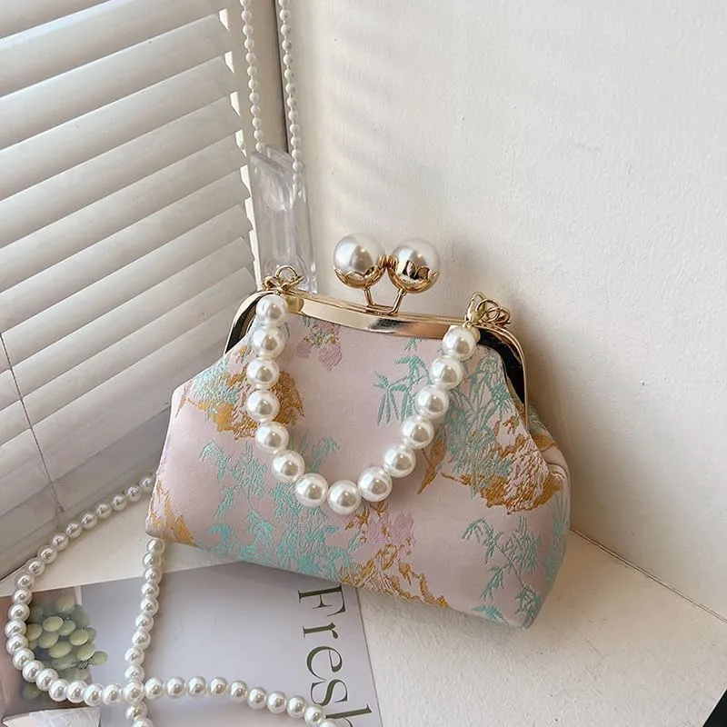 Women's Chinese National Style Embroidery Pearl Messenger Portable Bag