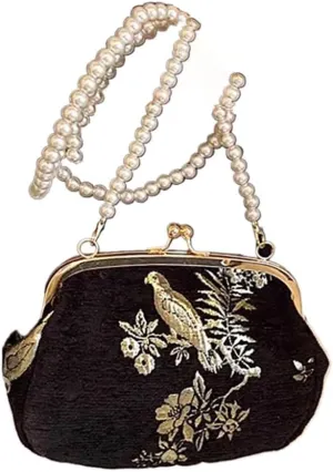 Women's Chinese retro printed handbag, embroidered pearl diagonal cross bag, suitable for dinners and wedding gifts