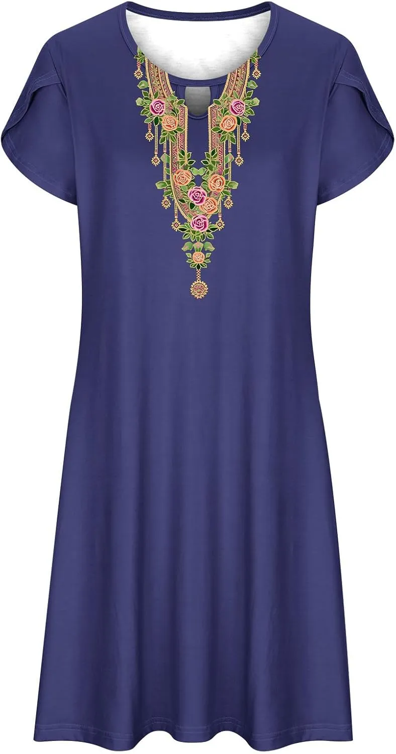 Womens Classic Western Printed Dress Casual Loose Petal Short Sleeved Dress Summer Boho Maxi Dress Mini Sun Dress