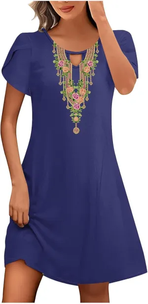 Womens Classic Western Printed Dress Casual Loose Petal Short Sleeved Dress Summer Boho Maxi Dress Mini Sun Dress