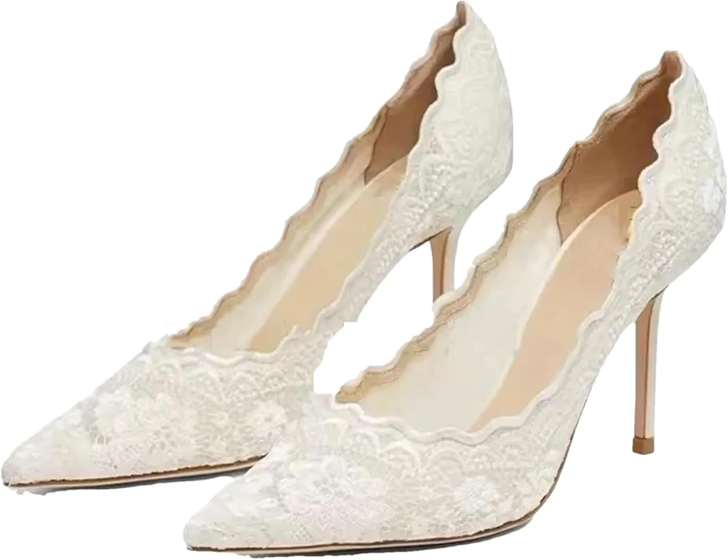 Women's Closed Toe White Heels Embroidered Ruffled Mesh Heels Slip On Party Wedding Pumps Shoes Business Casual Heels