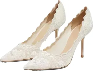 Women's Closed Toe White Heels Embroidered Ruffled Mesh Heels Slip On Party Wedding Pumps Shoes Business Casual Heels