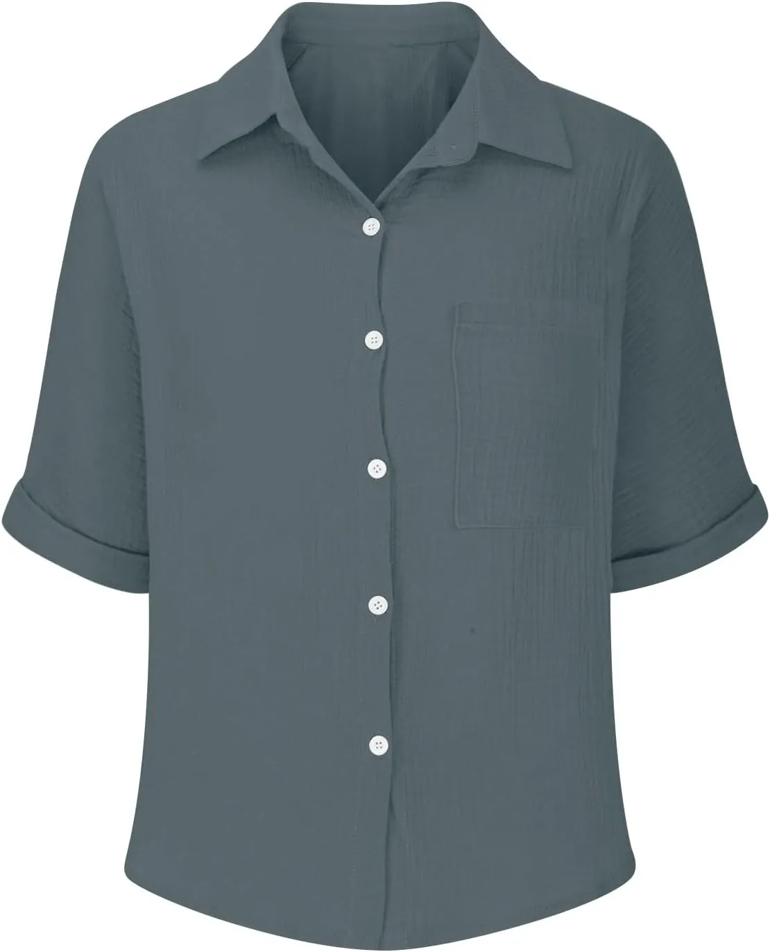 Womens Cotton Button Down Shirt Rolled Cuffed Short Sleeve Blouse Ladies Summer Casual V Neck Beach Cotton Tops