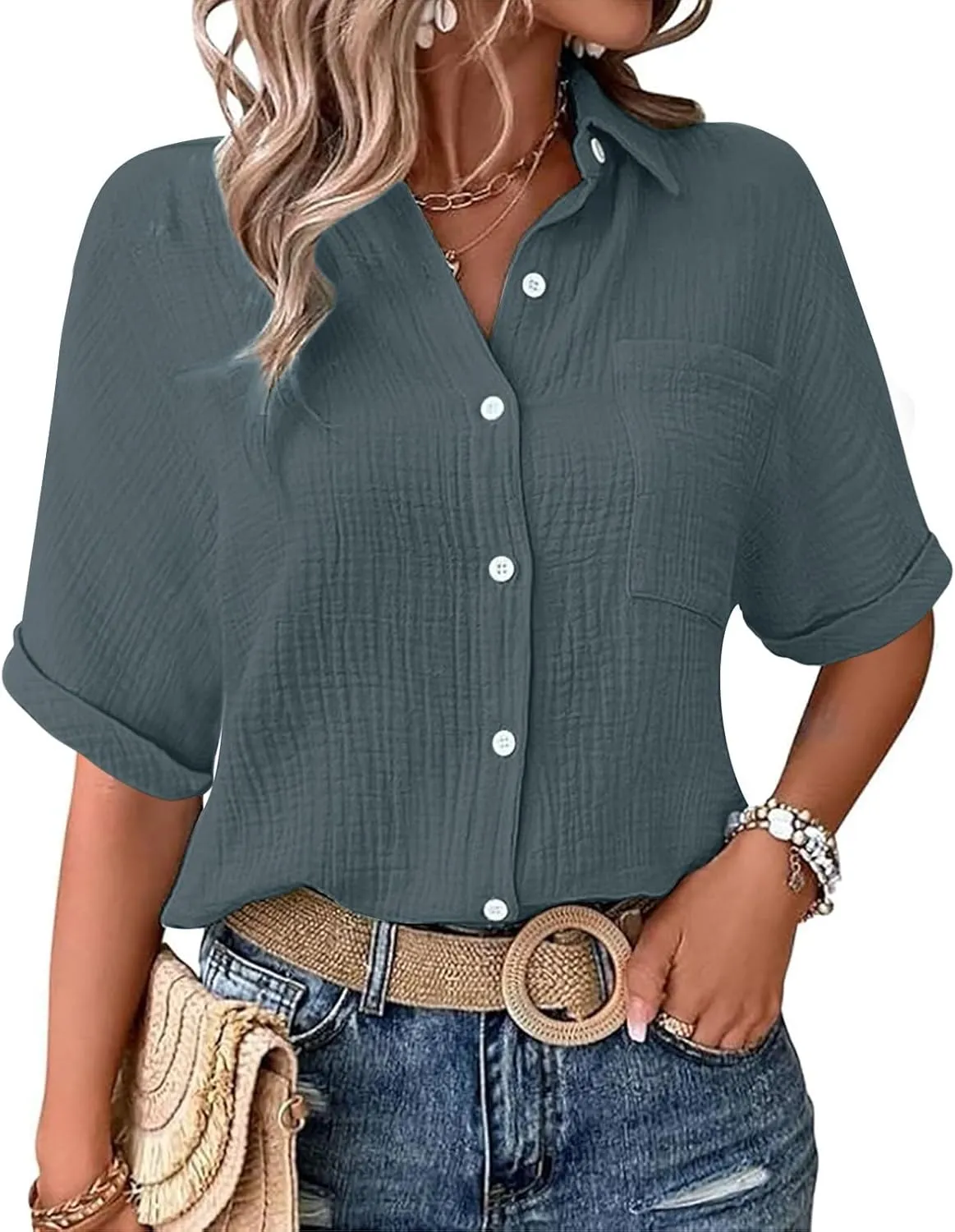 Womens Cotton Button Down Shirt Rolled Cuffed Short Sleeve Blouse Ladies Summer Casual V Neck Beach Cotton Tops
