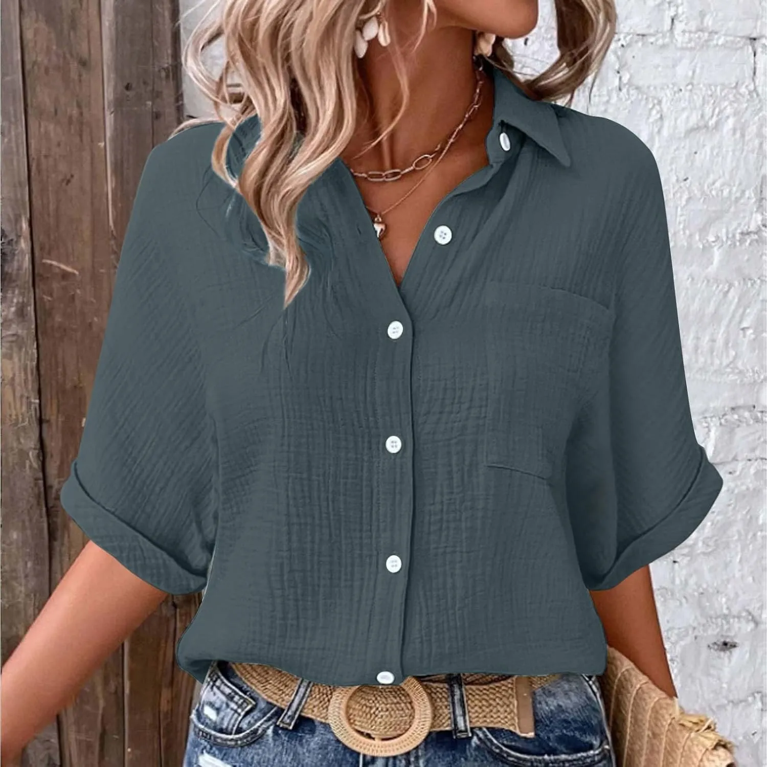 Womens Cotton Button Down Shirt Rolled Cuffed Short Sleeve Blouse Ladies Summer Casual V Neck Beach Cotton Tops