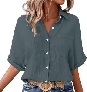 Womens Cotton Button Down Shirt Rolled Cuffed Short Sleeve Blouse Ladies Summer Casual V Neck Beach Cotton Tops