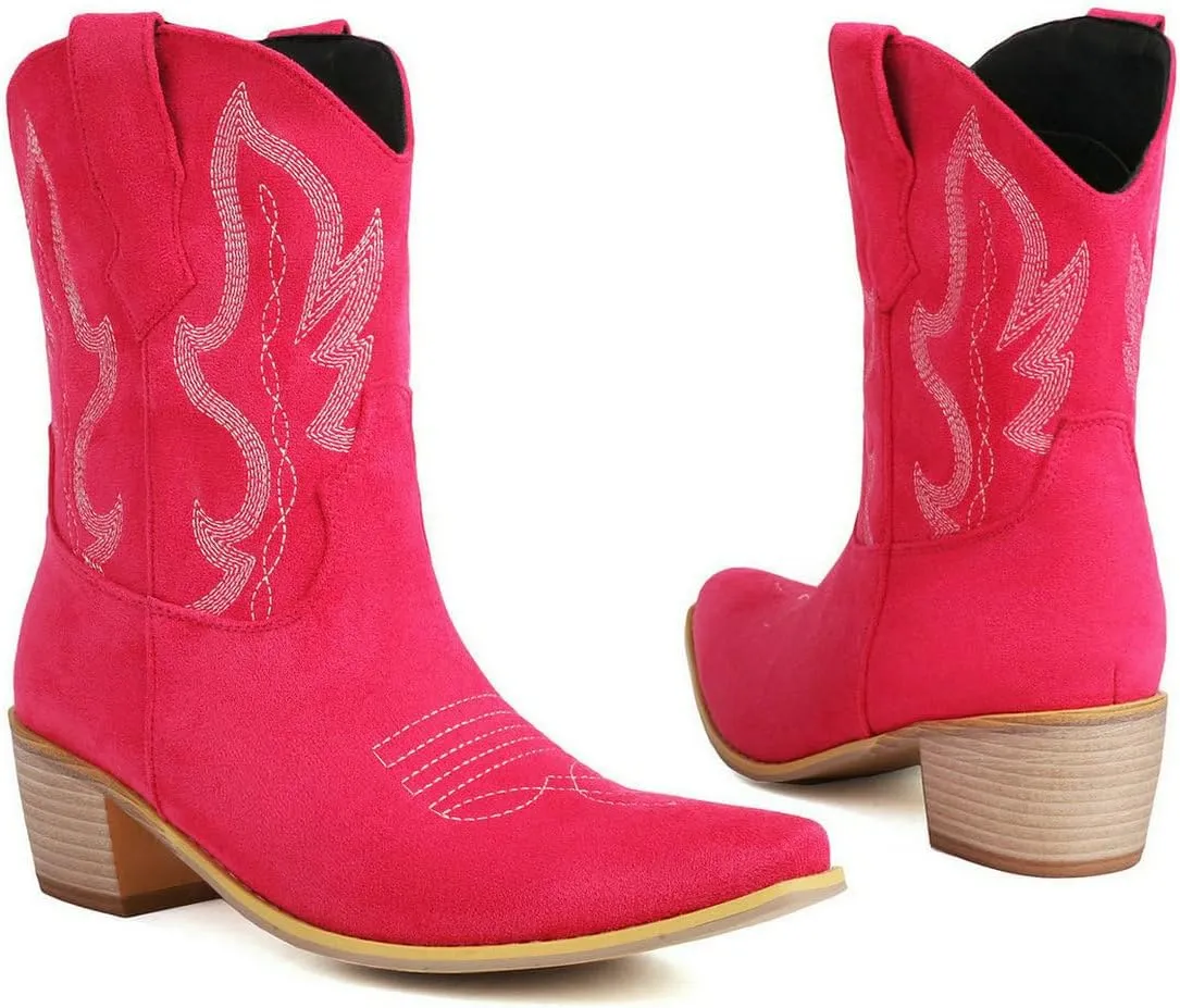 Womens Cowgirl Embroidered Western Cowboy Mid Calf Boots Suede Snip Toe Chunky Heel Ankle Booites