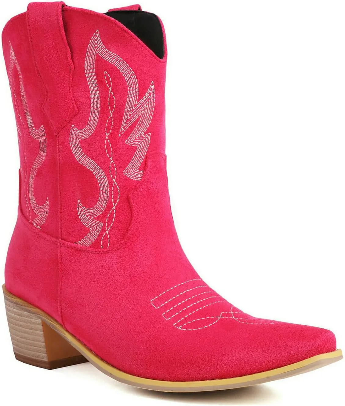 Womens Cowgirl Embroidered Western Cowboy Mid Calf Boots Suede Snip Toe Chunky Heel Ankle Booites