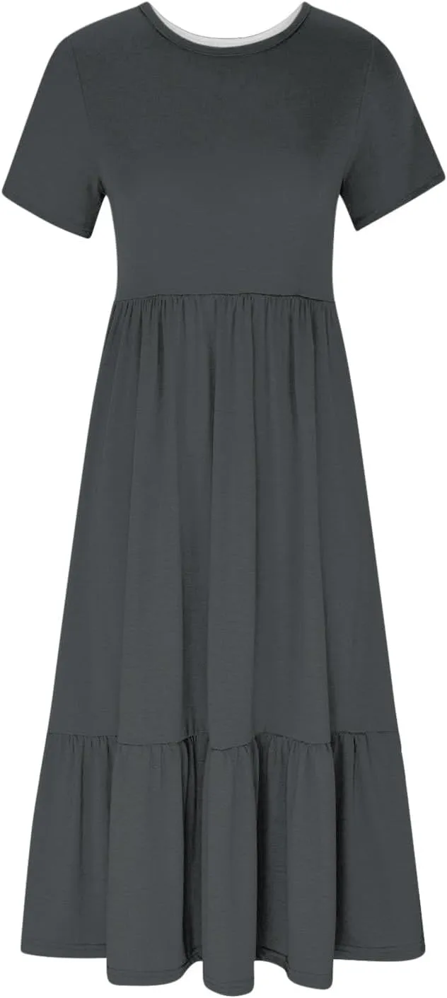 Womens Dresses Short Sleeve Tiered Ruffle Maxi Dress with Pockets Summer Causal Loose Crewneck Solid Beach Sundress
