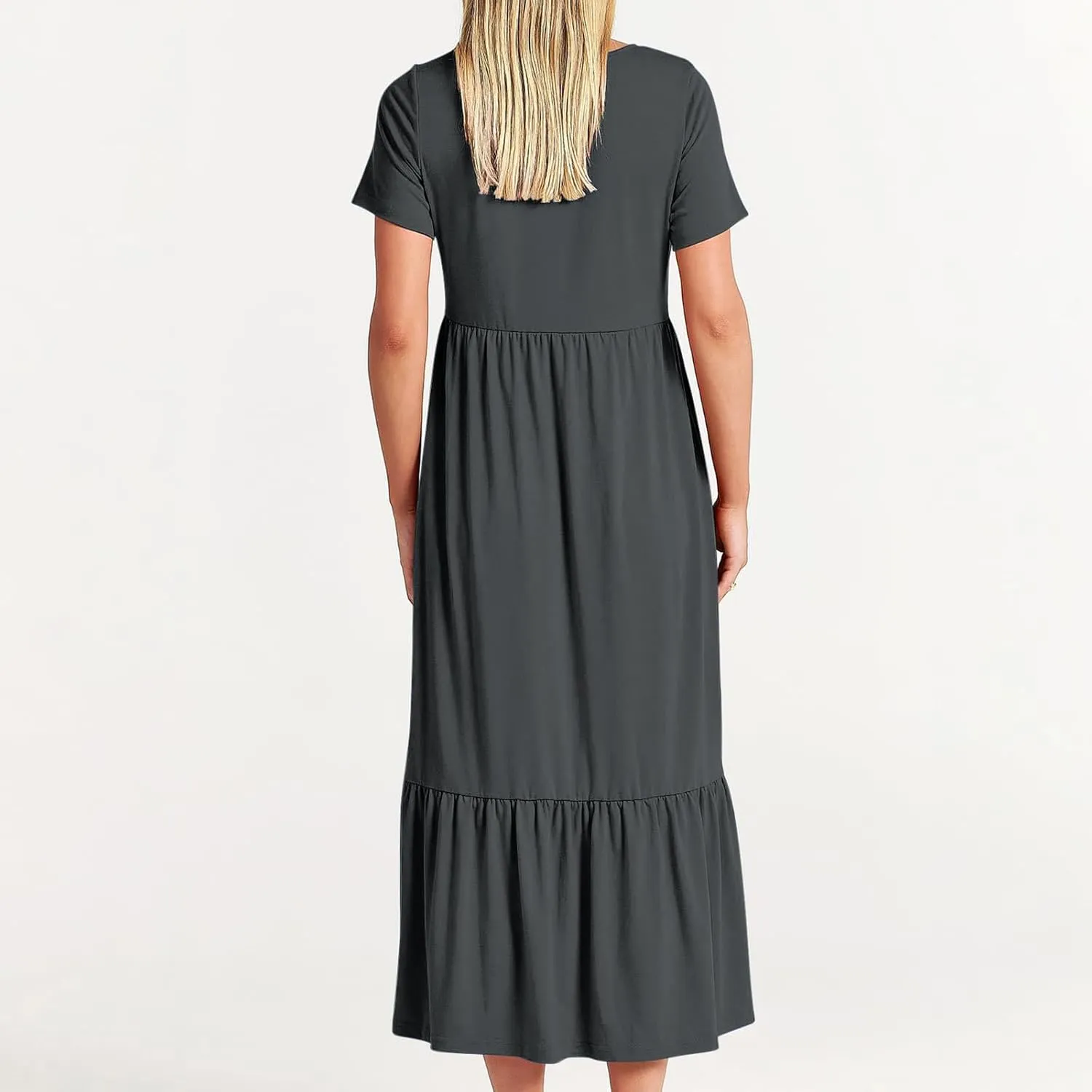 Womens Dresses Short Sleeve Tiered Ruffle Maxi Dress with Pockets Summer Causal Loose Crewneck Solid Beach Sundress