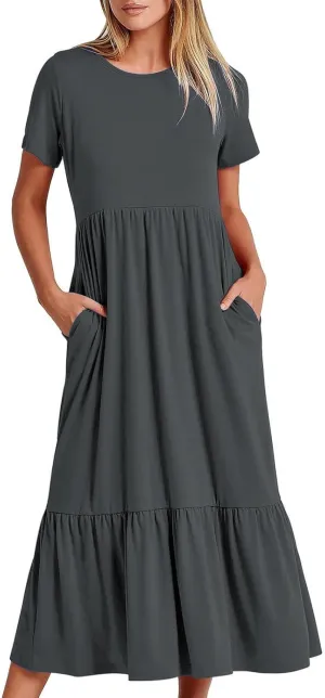 Womens Dresses Short Sleeve Tiered Ruffle Maxi Dress with Pockets Summer Causal Loose Crewneck Solid Beach Sundress