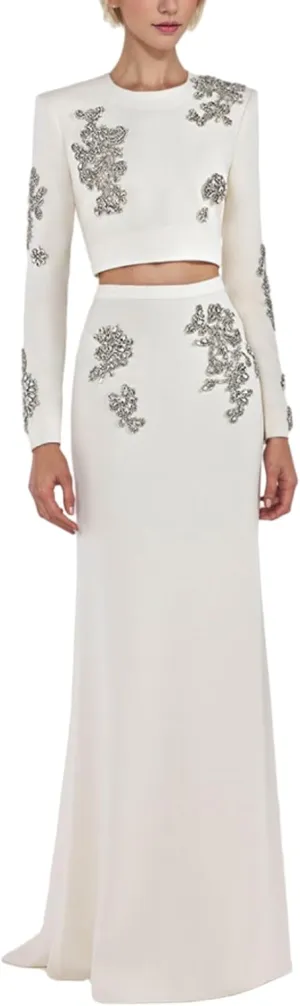 Women's Elegant 2 Pcs Skirt Set Diamonds Beades Round Neck High Waist Long Evening Party Skirt Suit Set