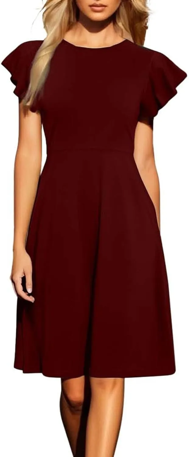 Women's Elegant Dress Solid Puff Sleeve Round Neck Slimming Waist Midi Skirt Flowy Big Hem Work Prom Gowns