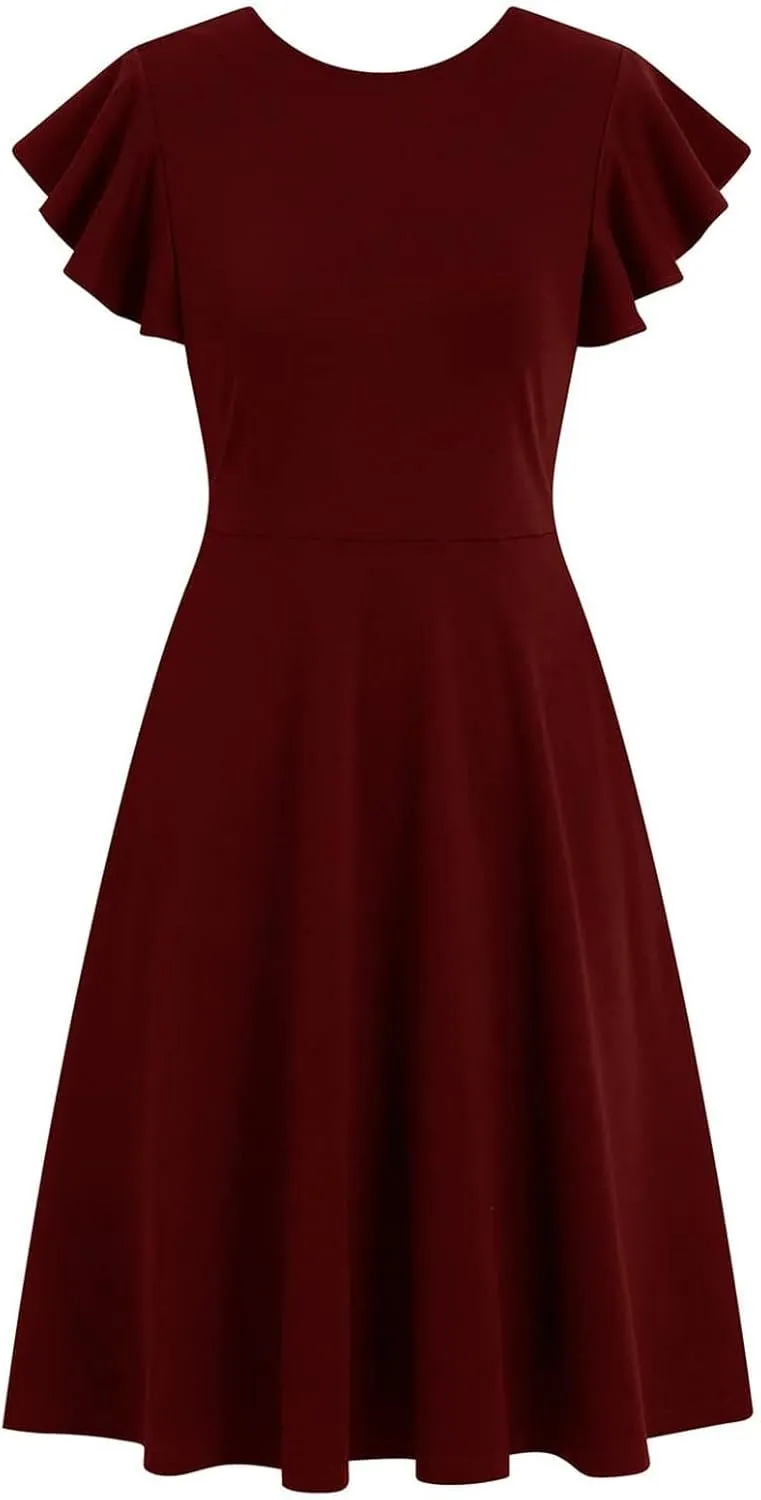 Women's Elegant Dress Solid Puff Sleeve Round Neck Slimming Waist Midi Skirt Flowy Big Hem Work Prom Gowns